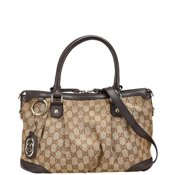 Gucci Leather Brown Bag Beige Shoulder Canvas Sukey GG - Picture 1 of 8